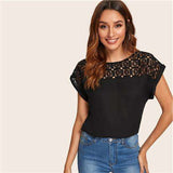 mohamed-imourig - SHEIN White Guipure Lace Yoke Roll Up Sleeve Tunic Top Hollow out Blouse Women Summer Elegant Office Lady Workwear Top Blouses - mohamed imourig - 