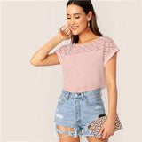 mohamed-imourig - SHEIN White Guipure Lace Yoke Roll Up Sleeve Tunic Top Hollow out Blouse Women Summer Elegant Office Lady Workwear Top Blouses - mohamed imourig - 