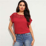 mohamed-imourig - SHEIN White Guipure Lace Yoke Roll Up Sleeve Tunic Top Hollow out Blouse Women Summer Elegant Office Lady Workwear Top Blouses - mohamed imourig - 