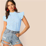 mohamed-imourig - SHEIN Mock-Neck Ruffle Trim Embroidery Eyelet Top Boho White Pink Solid Sleeveless Stand Collar Blouse Women Tops and Blouses - mohamed imourig - 