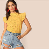 mohamed-imourig - SHEIN Mock-Neck Ruffle Trim Embroidery Eyelet Top Boho White Pink Solid Sleeveless Stand Collar Blouse Women Tops and Blouses - mohamed imourig - 