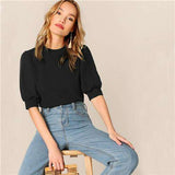 mohamed-imourig - SHEIN Ladies Casual Green Puff Sleeve Keyhole Back Solid Top And Blouse Women 2019 Summer Workwear Half Sleeve Elegant Blouses - mohamed imourig - 