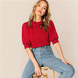 mohamed-imourig - SHEIN Ladies Casual Green Puff Sleeve Keyhole Back Solid Top And Blouse Women 2019 Summer Workwear Half Sleeve Elegant Blouses - mohamed imourig - 