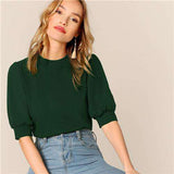 mohamed-imourig - SHEIN Ladies Casual Green Puff Sleeve Keyhole Back Solid Top And Blouse Women 2019 Summer Workwear Half Sleeve Elegant Blouses - mohamed imourig - 