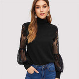 mohamed-imourig - SHEIN Women High Neck Lace Lantern Sleeve Top Fashion Mesh Blouse Women's Long Sleeve Pattern Printing Ladies Tops - mohamed imourig - 