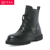 mohamed-imourig - QUTAA 2020 Platform Ladies Mid Calf Boots Lace Up Concise Genuine Leather Round Toe Fashion Square Heel Women Shoes Size 34-42 - mohamed imourig - 