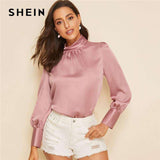 mohamed-imourig - SHEIN Pink Stand Collar Button Keyhole Satin Blouse Elegant Top Women Spring Autumn Long Sleeve Solid Office Ladies Blouses - mohamed imourig - 