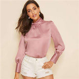 mohamed-imourig - SHEIN Pink Stand Collar Button Keyhole Satin Blouse Elegant Top Women Spring Autumn Long Sleeve Solid Office Ladies Blouses - mohamed imourig - 