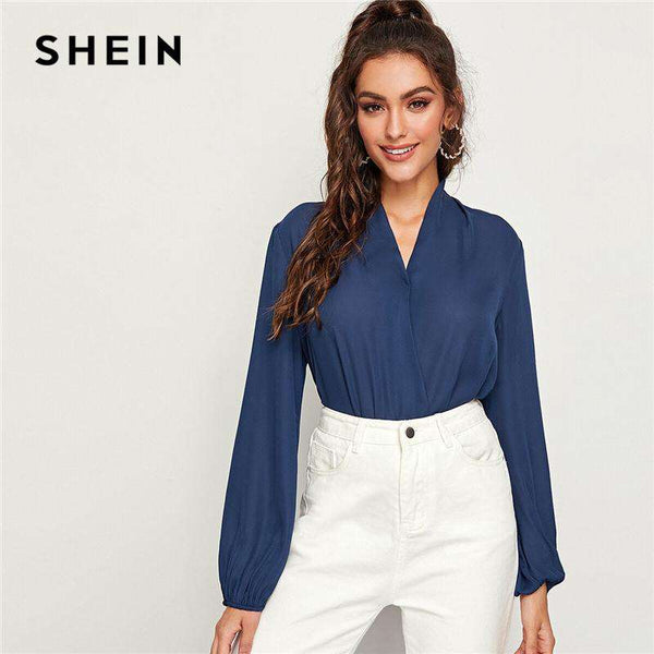 mohamed-imourig - SHEIN Navy V-neck Lantern Sleeve Wrap Top Blouse Women Spring Autumn Long Sleeve Office Lady Solid Elegant Tops and Blouses - mohamed imourig - 