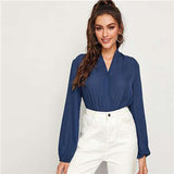 mohamed-imourig - SHEIN Navy V-neck Lantern Sleeve Wrap Top Blouse Women Spring Autumn Long Sleeve Office Lady Solid Elegant Tops and Blouses - mohamed imourig - 