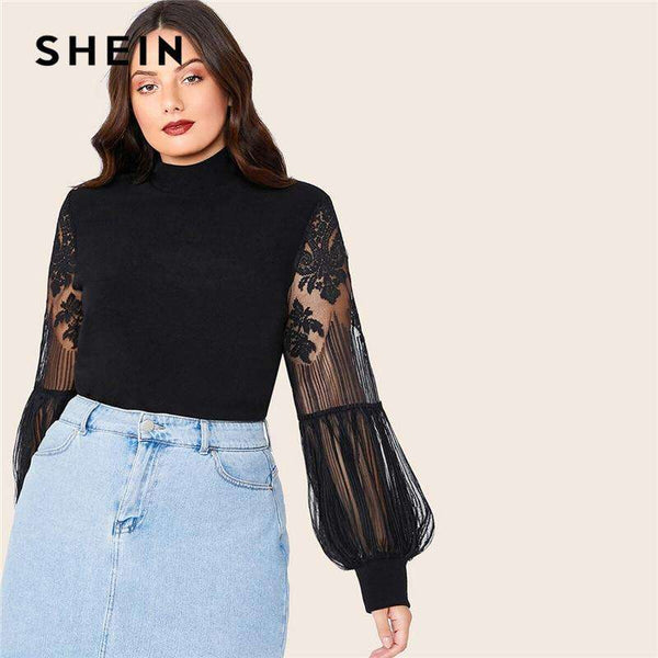 mohamed-imourig - SHEIN Plus Size Black Mock Neck Lace Lantern Sleeve Fitted Top Women Autumn Solid Elegant Office Lady Womens Tops and Blouses - mohamed imourig - 