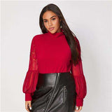 mohamed-imourig - SHEIN Plus Size Black Mock Neck Lace Lantern Sleeve Fitted Top Women Autumn Solid Elegant Office Lady Womens Tops and Blouses - mohamed imourig - 