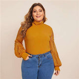 mohamed-imourig - SHEIN Plus Size Black Mock Neck Lace Lantern Sleeve Fitted Top Women Autumn Solid Elegant Office Lady Womens Tops and Blouses - mohamed imourig - 