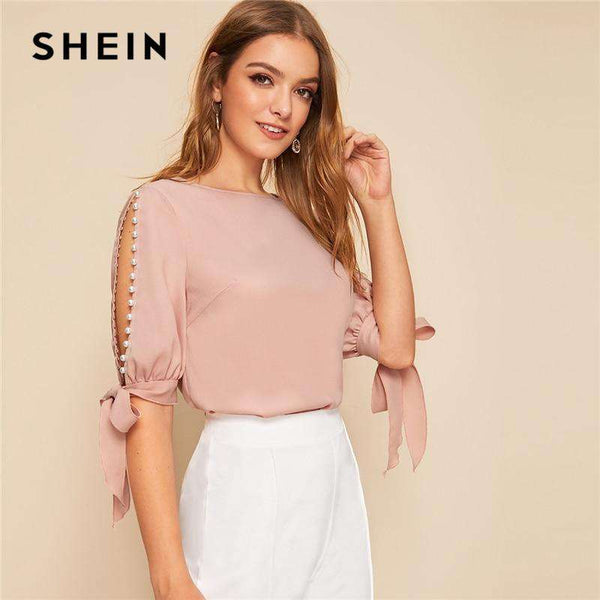 mohamed-imourig - SHEIN Solid Pearls Beading Side Knot Cuff Elegant Blouse Women Tops 2019 Autumn Half Sleeve Basic Blouses For Young Ladies - mohamed imourig - 