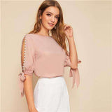 mohamed-imourig - SHEIN Solid Pearls Beading Side Knot Cuff Elegant Blouse Women Tops 2019 Autumn Half Sleeve Basic Blouses For Young Ladies - mohamed imourig - 