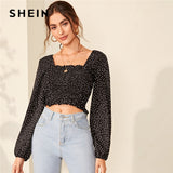 mohamed-imourig - SHEIN Square NeckFrill Trim Polka Dot Shirred Boho Crop Blouse Women Tops 2019 Autumn Holiday Long Sleeve Ladies Boho Blouses - mohamed imourig - 