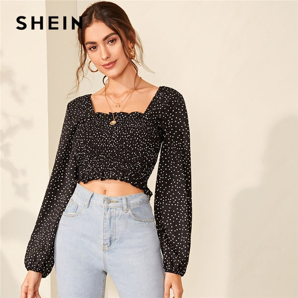 mohamed-imourig - SHEIN Square NeckFrill Trim Polka Dot Shirred Boho Crop Blouse Women Tops 2019 Autumn Holiday Long Sleeve Ladies Boho Blouses - mohamed imourig - 