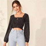 mohamed-imourig - SHEIN Square NeckFrill Trim Polka Dot Shirred Boho Crop Blouse Women Tops 2019 Autumn Holiday Long Sleeve Ladies Boho Blouses - mohamed imourig - 
