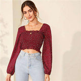 mohamed-imourig - SHEIN Square NeckFrill Trim Polka Dot Shirred Boho Crop Blouse Women Tops 2019 Autumn Holiday Long Sleeve Ladies Boho Blouses - mohamed imourig - 