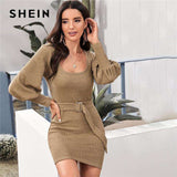 mohamed-imourig - SHEIN Scoop Neck Ribbed Knit Solid Pencil Sweater Dress With Belt Women Autumn Streetwear Bishop Sleeve Bodycon Elegant Dresses - mohamed imourig - 