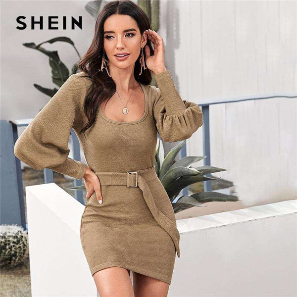mohamed-imourig - SHEIN Scoop Neck Ribbed Knit Solid Pencil Sweater Dress With Belt Women Autumn Streetwear Bishop Sleeve Bodycon Elegant Dresses - mohamed imourig - 