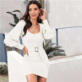 mohamed-imourig - SHEIN Scoop Neck Ribbed Knit Solid Pencil Sweater Dress With Belt Women Autumn Streetwear Bishop Sleeve Bodycon Elegant Dresses - mohamed imourig - 