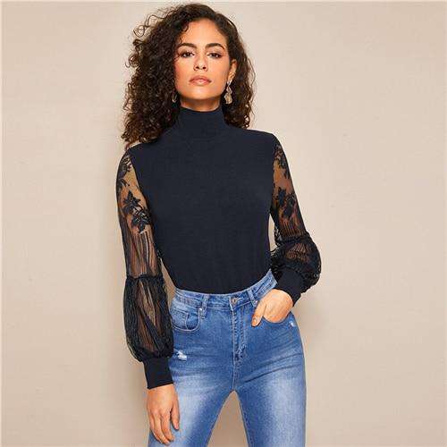 SHEIN Plus Size Black Mock Neck Lace Lantern Sleeve Fitted Top Women Autumn  Solid Elegant Office Lady Womens Tops And Blouses From Maoku, $26.44