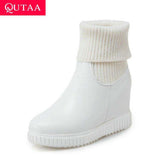 mohamed-imourig - QUTAA 2020 Fashion Platform PU Leather Knitting Height Increasing Slip on Ankle Boots Round Toe Warm Fur Women Shoes Size 34-43 - mohamed imourig - 