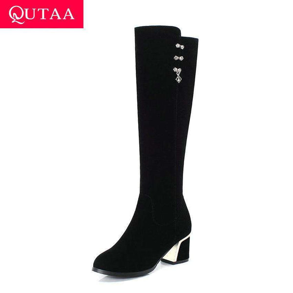 mohamed-imourig - QUTAA 2020 Metal Decoration Flock Zipper Fashion Autumn Winter Knee High Boots Square High Heel Round Toe Women Shoes Size 34-43 - mohamed imourig - 