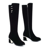 mohamed-imourig - QUTAA 2020 Metal Decoration Flock Zipper Fashion Autumn Winter Knee High Boots Square High Heel Round Toe Women Shoes Size 34-43 - mohamed imourig - 