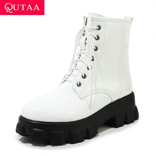 mohamed-imourig - QUTAA 2020 PU Leather Round Toe Fashion Platform Women Shoes Square Heel Lace Up Autumn Winter Casual Ankle Boots Big Size 34-43 - mohamed imourig - 