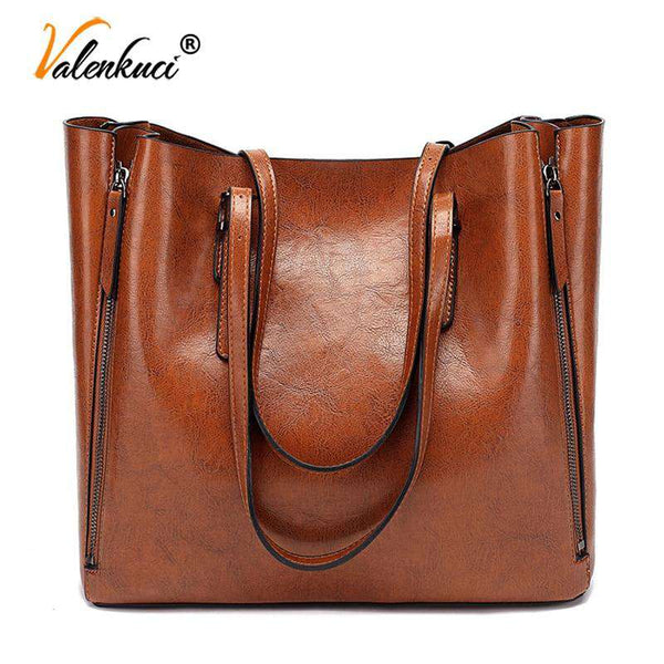 mohamed-imourig - Valenkuci Famous Brand Handbag Women PU Leather Shoulder Bag Casual Large Capacity Top-Handle Bucket Bag Simple Style Solid Tote - mohamed imourig - 