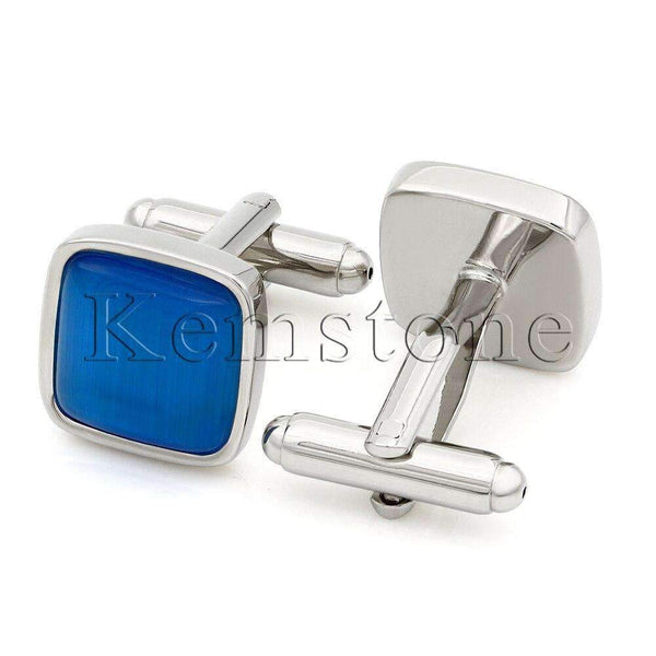 mohamed-imourig - Kemstone Silver Tone Square Blue Simulated Opal Mens Shirt Cufflinks - mohamed imourig - 