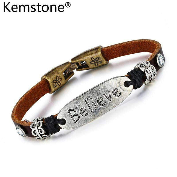 mohamed-imourig - Kemstone Stainless Steel Leather Believe Brown Vintage Charm Bracelet Jewelry Gift For Men - mohamed imourig - 
