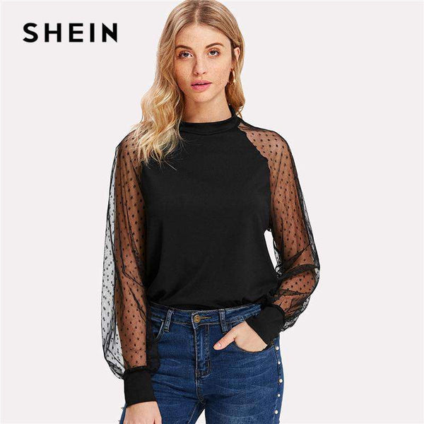 mohamed-imourig - SHEIN Polka Dot Mesh Bishop Sleeve Top 2018 Spring Fall Raglan Sleeve Stand Collar Blouse Long Sleeve Regular Fit Casual Tops - mohamed imourig - 