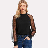 mohamed-imourig - SHEIN Polka Dot Mesh Bishop Sleeve Top 2018 Spring Fall Raglan Sleeve Stand Collar Blouse Long Sleeve Regular Fit Casual Tops - mohamed imourig - 