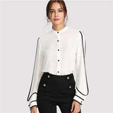 mohamed-imourig - SHEIN White Elegant Stand Collar Long Sleeve Button Black Striped Blouse Autumn Women Workwear Shirt Top - mohamed imourig - 