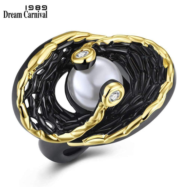 mohamed-imourig - Dreamcarnival 1989 Hip Hop Created White Pearl Ring for Women Black Gold Color Zircon Deluxe Jewelry Vintage anillos mujer Perla - mohamed imourig - 