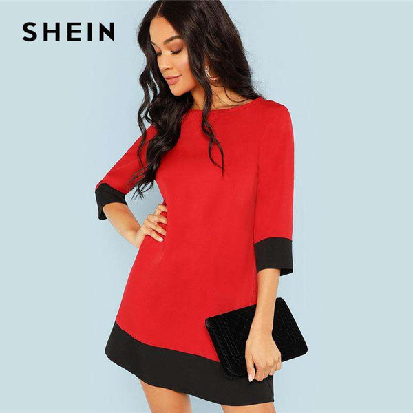 mohamed-imourig - SHEIN Red Contrast Trim Tunic Dress Workwear Colorblock 3/4 Sleeve Short Dresses Women Autumn Elegant Straight Mini Dresses - mohamed imourig - 