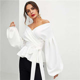 mohamed-imourig - SHEIN White Office Lady Elegant Lantern Sleeve Surplice Peplum Off the Shoulder Solid Blouse Autumn Sexy Women Tops And Blouses - mohamed imourig - 