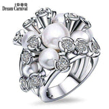 DreamCarnival 1989 Beautiful Wholesale Synthetic Pearl White Cubic Zirconia Anel Big Cluster Rings Women Birthday Gift WA11501