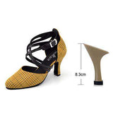 mohamed-imourig - Ladingwu New Yellow/Gray/Blue Lattice Flannel Ballroom Dance Shoes Closed toe Latin Dance Shoes Salsa Women Heel 5/6/7.5/8.3cm - mohamed imourig - 