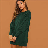 mohamed-imourig - SHEIN Preppy Casual Drop Shoulder Solid Sweatshirt Round Neck Bishop Sleeve Longline Dress 2018 Autumn Fashion Women Dresses - mohamed imourig - 