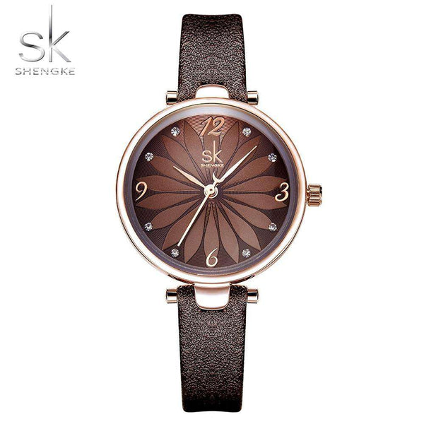 mohamed-imourig - Shengke New Coffee Black Leather Strap Women Watch Crystal Flower Decoration Dial Gift Quartz Casual Wristwatch Relogio Feminino - mohamed imourig - 