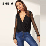 mohamed-imourig - SHEIN Sexy Black Deep V Neck Dot Contrast Mesh Sleeve Wrap Sheer Shirt Long Sleeve Blouse Women Night Out Spring Top Blouses - mohamed imourig - 