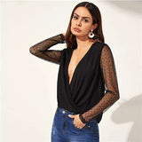 mohamed-imourig - SHEIN Sexy Black Deep V Neck Dot Contrast Mesh Sleeve Wrap Sheer Shirt Long Sleeve Blouse Women Night Out Spring Top Blouses - mohamed imourig - 