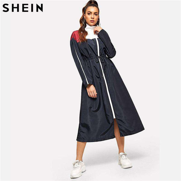 mohamed-imourig - SHEIN Weekend Casual Multicolor Waist Drawstring Zip Color Block Dress Solid Stand Collar Dress Women Autumn H Type Dress - mohamed imourig - 
