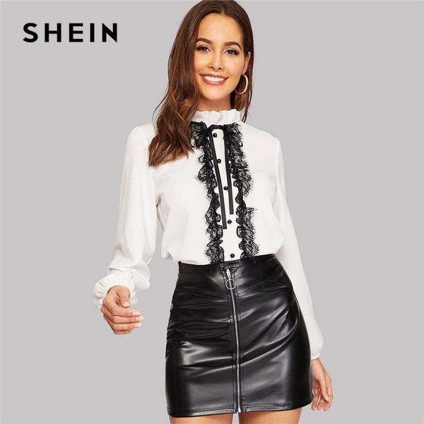 mohamed-imourig - SHEIN White Tie Neck Buttoned Lace Trim Keyhole Back Blouse Elegant Frill Stand Collar Long Sleeve Tops Women 2019 Plain Blouses - mohamed imourig - 