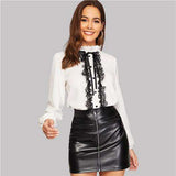 mohamed-imourig - SHEIN White Tie Neck Buttoned Lace Trim Keyhole Back Blouse Elegant Frill Stand Collar Long Sleeve Tops Women 2019 Plain Blouses - mohamed imourig - 