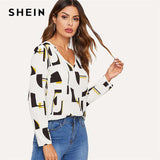 mohamed-imourig - SHEIN White V-neck Geometric Print Top Casual Blouse 2019 Spring Summer Women Long Sleeve Workwear Tops and Blouses - mohamed imourig - 
